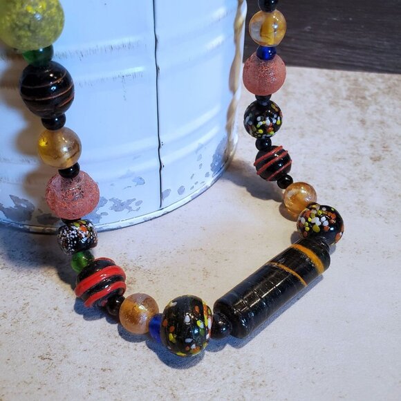 India Artisan Vintage 90s Glass Beads Black Multi Necklace OOAK Style F - Picture 7 of 14